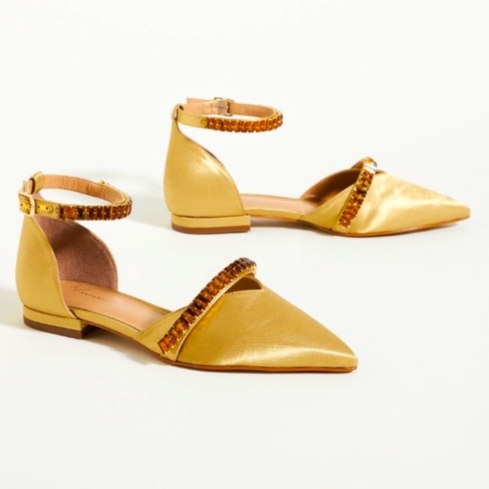 Anthropologie Gold Flats with Embellished Straps